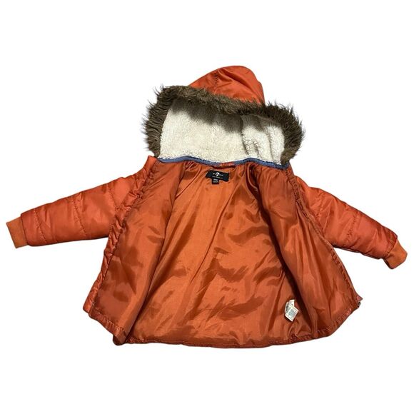 7 For All Mankind Toddler 24M Puffer Coat Rust Orange Hooded Faux Fur Winter - Picture 3 of 8